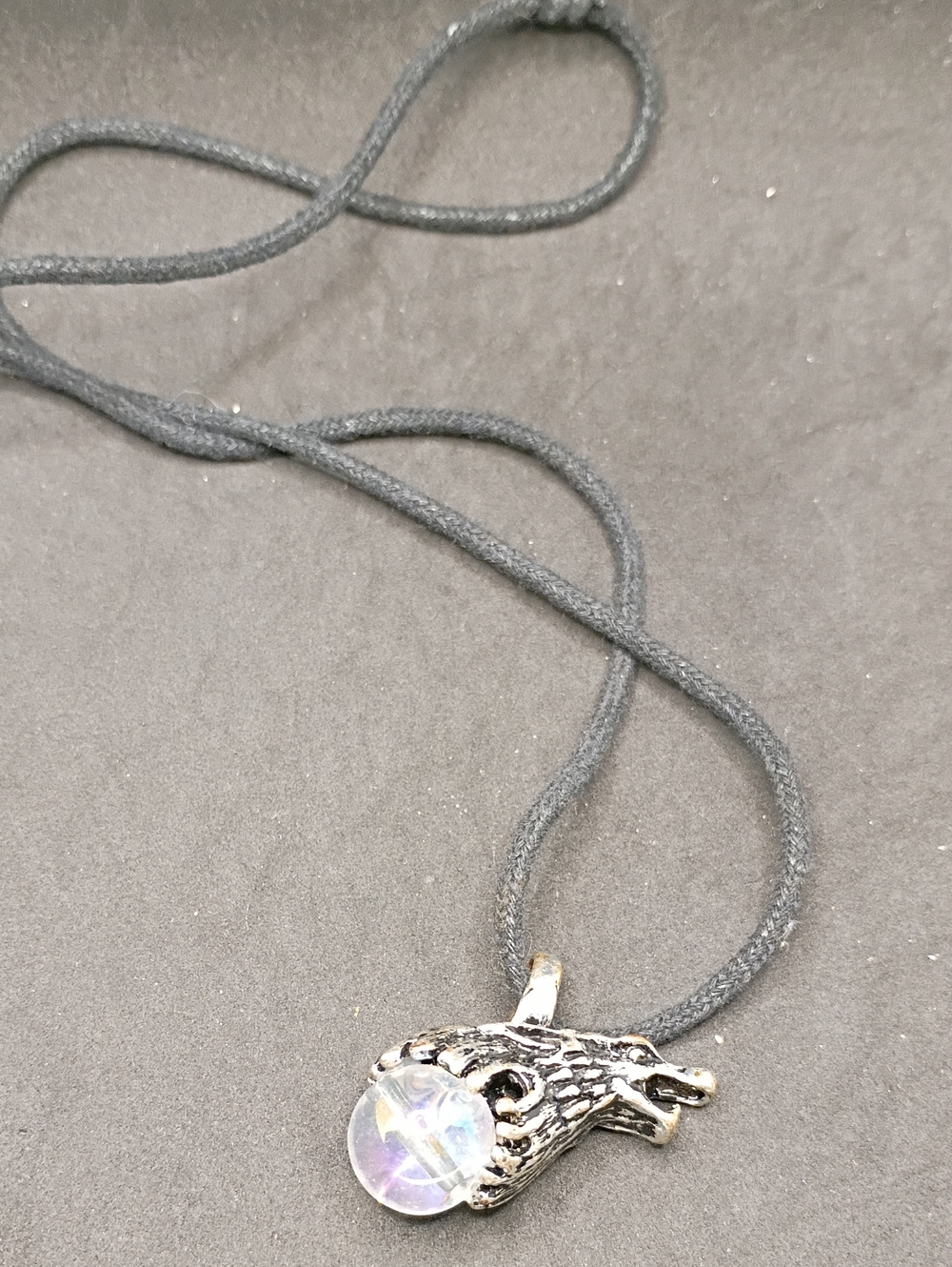 Men's Black Cord Necklace with Silver Wolf Paw Pendant and Iridescent Stone